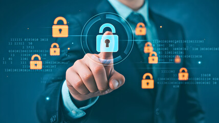 Naklejka premium Cybersecurity Man Interacting with Digital Locks Representing Data Protection