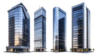 Four glass-clad modern skyscrapers against a transparent backdrop
