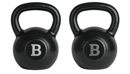 Two black kettlebells, each marked with a silver 'B' symbol
