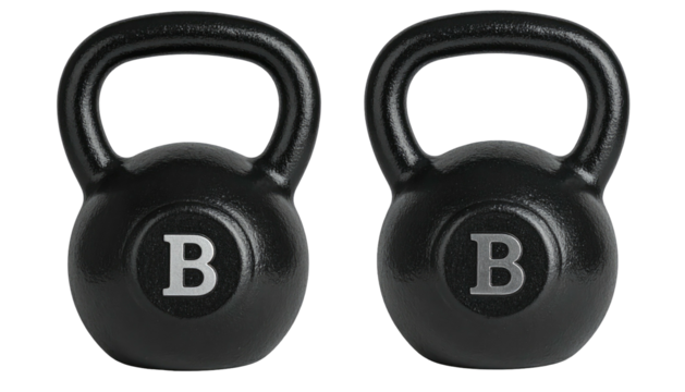 Two black kettlebells, each marked with a silver 'B' symbol