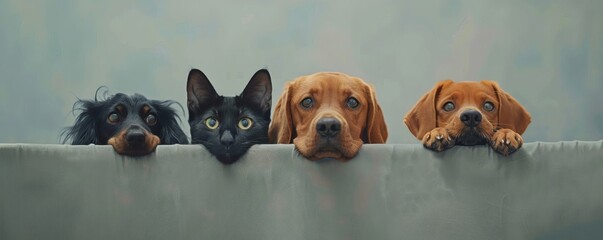 Three adorable pets peeking over a gray surface