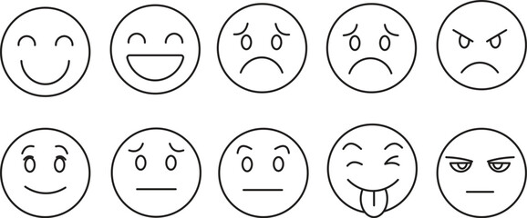 Hand-Drawn Facial Expression Icons – A Collection of Ten Simple Line Art Faces Representing Joy, Sadness, Anger, Confusion, and Playfulness