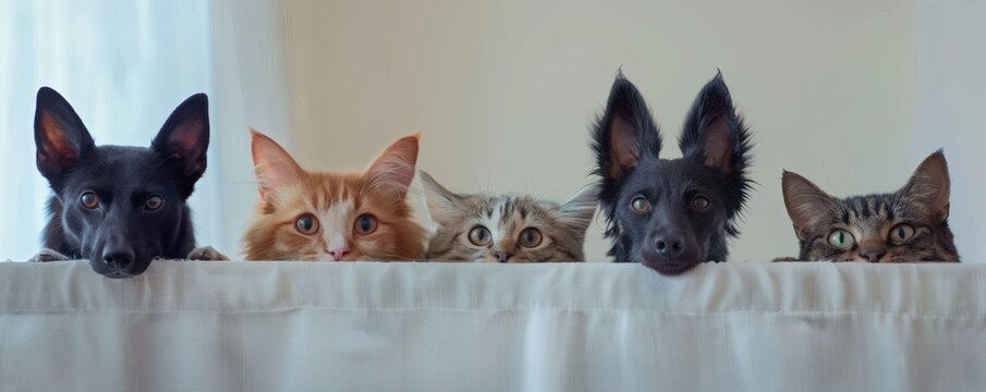 Two dogs and three cats peek over a white curtain