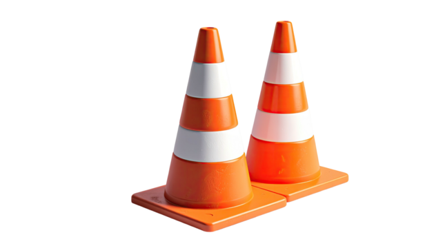 Two orange traffic cones, stacked, white stripes, dark background