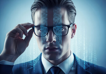 Man s face overlayed with digital data and code