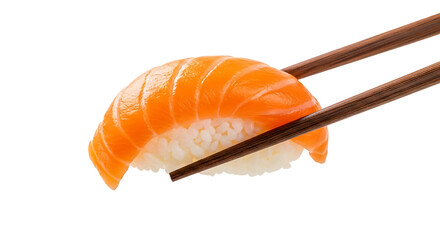 Salmon nigiri held by chopsticks sushi rice