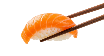 Salmon nigiri held by chopsticks sushi rice