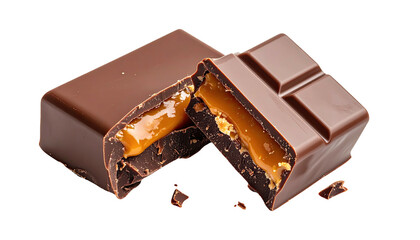 Caramel chocolate bar sliced in half, filling exposed