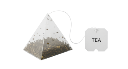 Pyramid shaped tea bag with tag on white background.