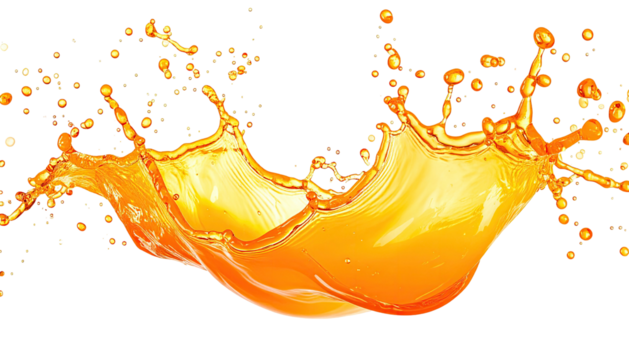 Dynamic orange juice splash with droplets on a black background