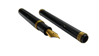 Open, black fountain pen with gold accents on a black background