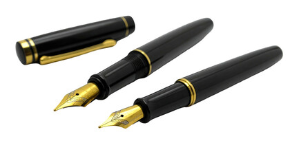Two black fountain pens with gold trim, one uncapped