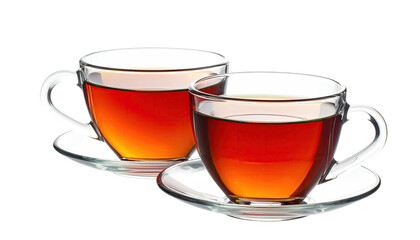 Two clear cups of tea with saucers, steaming on black