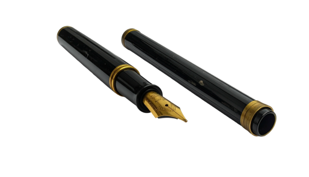 Open, black fountain pen with gold accents on a black background