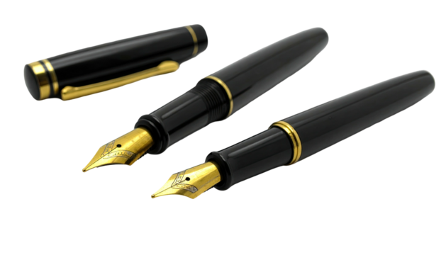 Two black fountain pens with gold trim, one uncapped