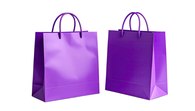 Two purple shopping bags stand against a black backdrop