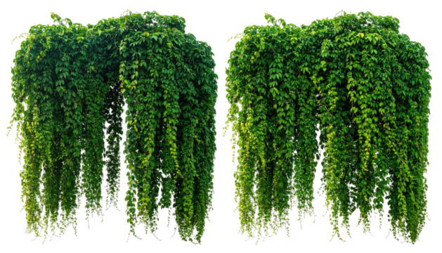 Twin plant groupings, leafy and verdant, cascading downwards