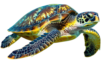 Sea turtle with patterned shell swims in black void