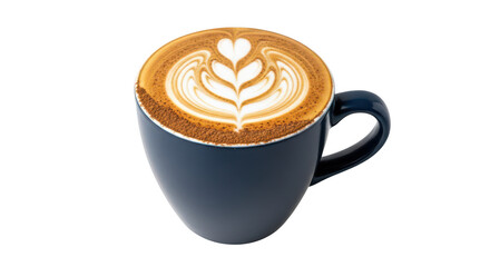 Latte art in a blue cup isolated on transparent background, coffee with heart shape