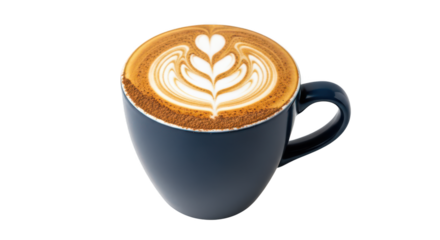 Latte art in a blue cup isolated on transparent background, coffee with heart shape