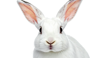 White rabbit with large, upright ears staring at the viewer