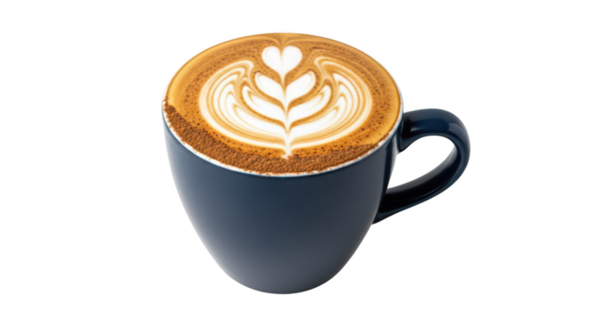 Latte art in a blue cup isolated on transparent background, coffee with heart shape