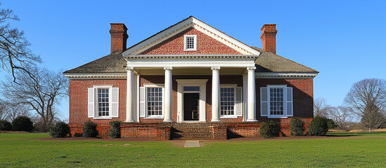 Classic brick colonial house with grand columns and expansive lawn, traditional architectural design – AI Generative