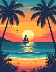Tropical sunset beach scene with sailboat; vibrant colors