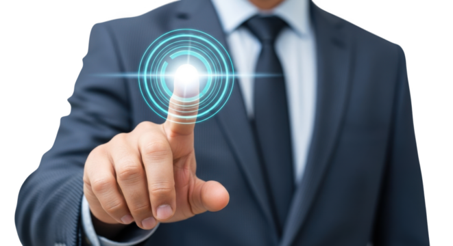 Businessman pressing a glowing button isolated on transparent background - Powered by Adobe