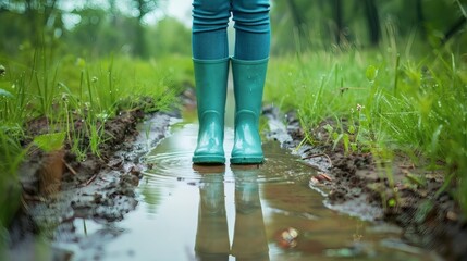 Child's teal rain boots stand in a puddle reflecting the boots, surrounded by lush green grass and mud