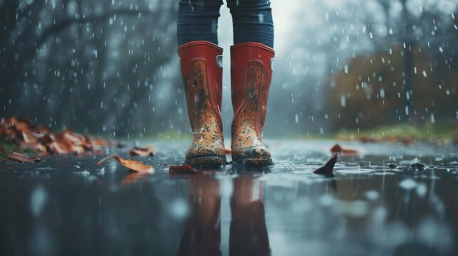 Muddy rain boots standing in a puddle on a rainy day