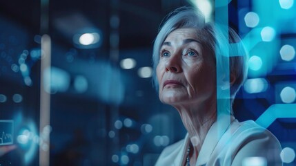 Thoughtful senior woman looking up, digital overlay