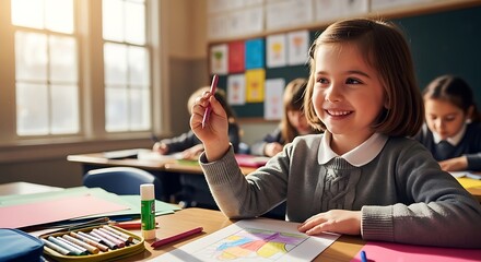 Enthusiastic female student enjoying an art project at a wooden desk with a full set of bright coloring tools