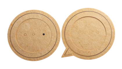 Two paper circles, one speech bubble shape. Tan and simplistic