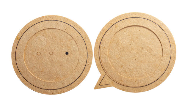 Two paper circles, one speech bubble shape. Tan and simplistic