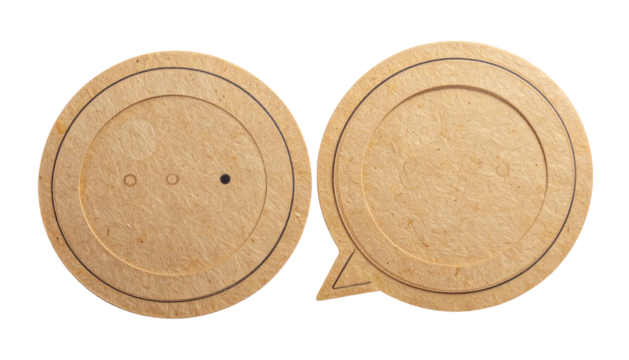 Two paper circles, one speech bubble shape. Tan and simplistic - Powered by Adobe
