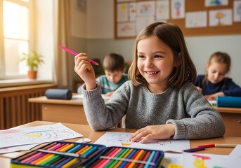 Enthusiastic female student enjoying an art project at a wooden desk with a full set of bright coloring tools