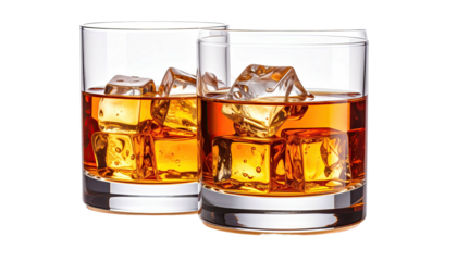 Two glasses of amber liquid filled with ice cubes on black