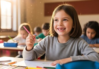 Enthusiastic female student enjoying an art project at a wooden desk with a full set of bright coloring tools