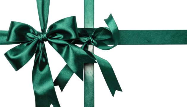 Emerald silk ribbons form bow on textured background