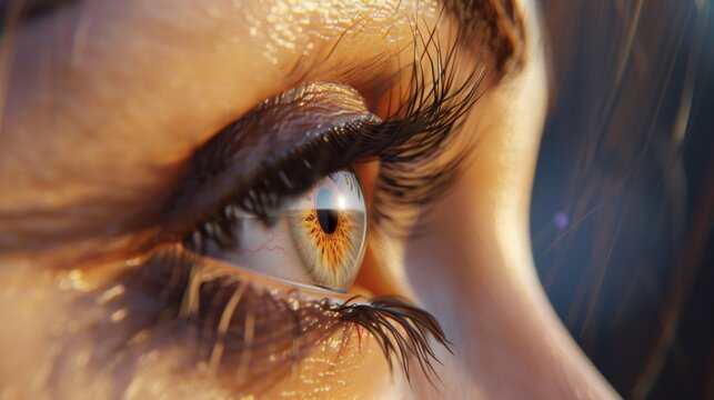 Close-up view of a hazel eye with long dark eyelashes, sunlight reflecting on skin - Powered by Adobe