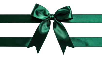 Emerald bow rests on matching ribbon against a dark background
