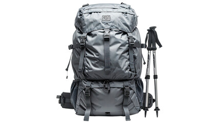 Gray backpack and walking poles against black background
