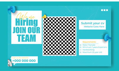 Join our team recruitment advertisement with isometric office illustration and hiring information.
Confident businessman in suit invites you to join our team with benefits listed.