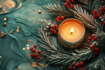 Festive Christmas Candle Surrounded by Pine Branches and Holly Leaves Warm Holiday Glow 