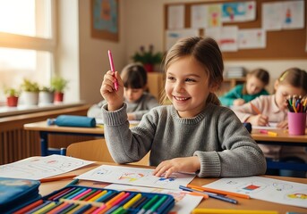 Enthusiastic female student enjoying an art project at a wooden desk with a full set of bright coloring tools