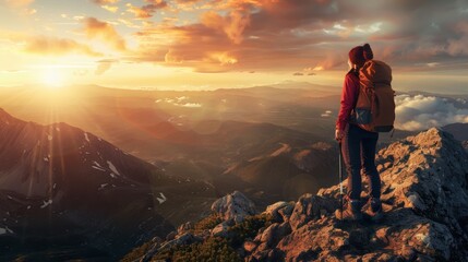 Obraz premium Hiker standing on mountain top at sunrise, enjoying the view