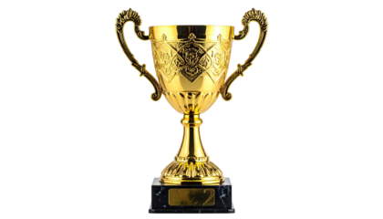 Glistening gold trophy cup with ornate detail on marble base