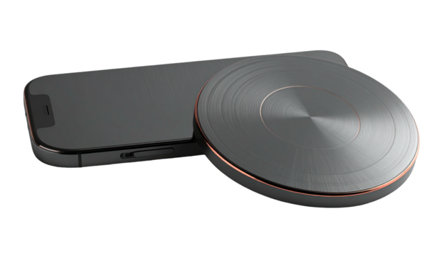 Phone charges on sleek, brushed metal pad, against a dark background