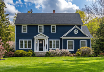 Traditional blue colonial style home with white trim, large front yard, and well-manicured landscaping – classic American house – AI Generative.
